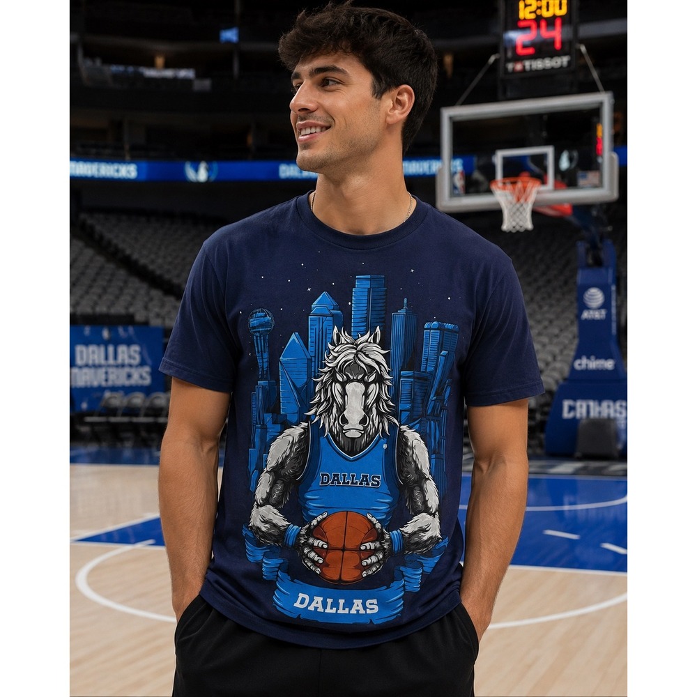 Dallas Mavericks Mascot Tee Shirt Mens M Basketball Tee Navy Blue NWOT‎ Graphic